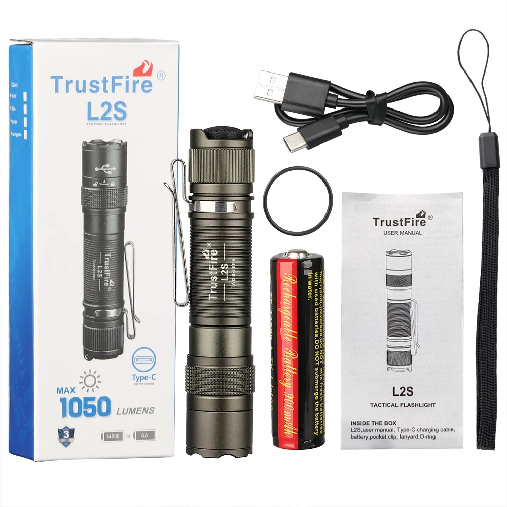 TrustFire L2S Tactical flashlight 1050Lumens IPX6 Waterproof 14500 USB C Potable Torch Flashlight