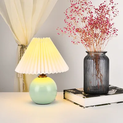 Korean Pleated Table Lamp , Ceramic Table Lamps for Living Room Home Deco Cute Lamp ,USB Beside Lamp