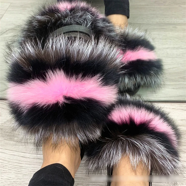 
Hot Selling Designer Real Fox Raccoon Open Toe Fluffy Fur Slides For Women 