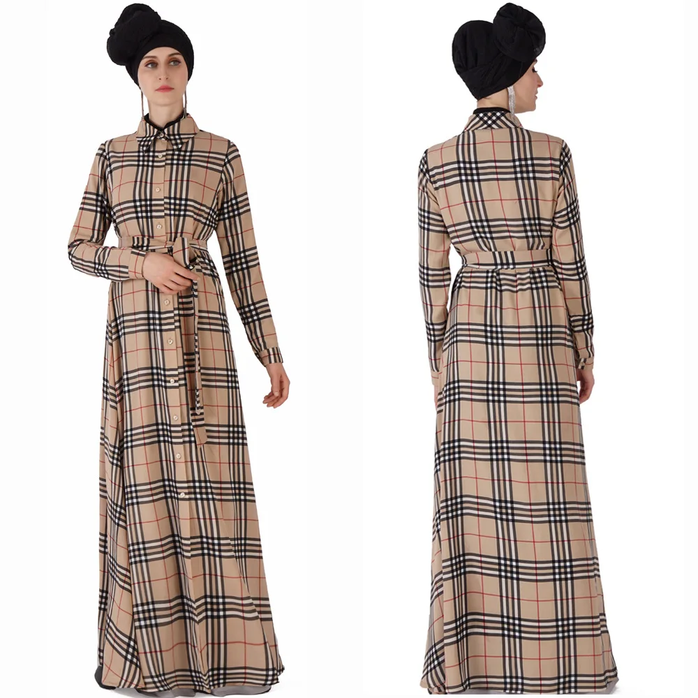 England Vintage Plaid Long Dress Abaya Muslim Women Classic Lapel Lace Up Single Breasted Long Plaid Dress Casual Abaya Dubai