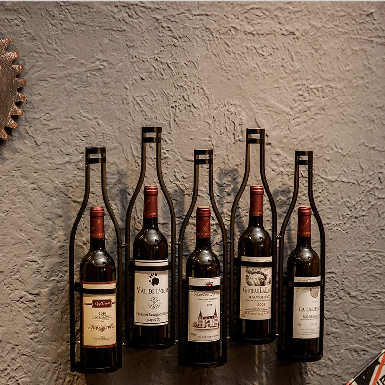 Retro industrial style wine rack iron wall hanging bronze wine holder bar wall decoration 5 bottles black metal wine rack