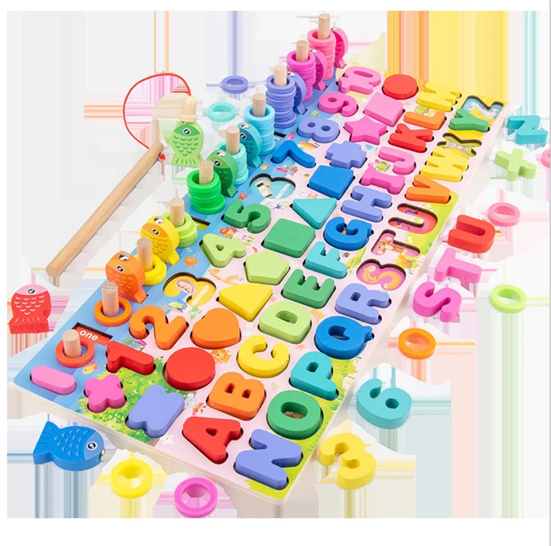 
5 in 1 Fishing Count Numbers Matching Digital Shape Board Puzzle Toy Baby Montessori Math Toys Kids Educational Wooden Toys 