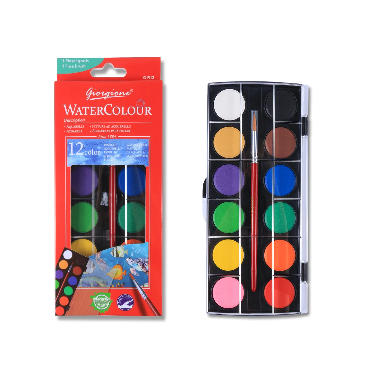 Giorgione 8 12 21 colors Solid Watercolor Paint Cakes set with Color box package free Paintbrush