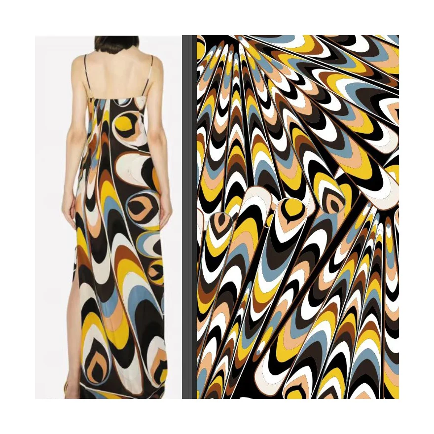 factory custom dresses or printed fabrics geometry line kaleidoscope morden Pop art style satin polyester fabrics for woman