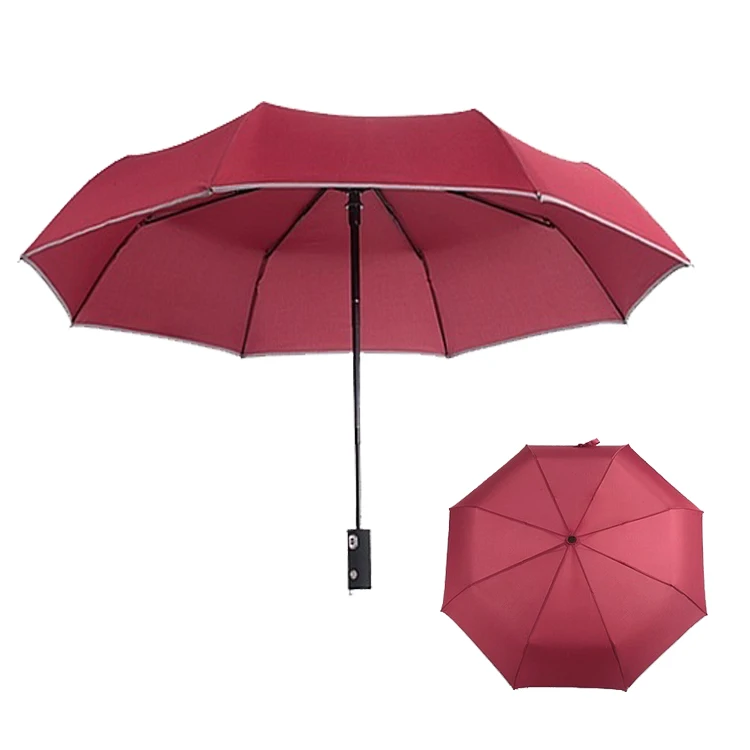 Automatic open close compact led umbrella Flashlight 3 Folding umbrella with reflective