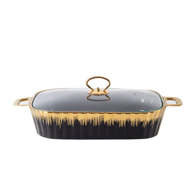 Rectangular design ceramic casserole pot tableware candle fire heating Restaurant dry soup pot with golden rack