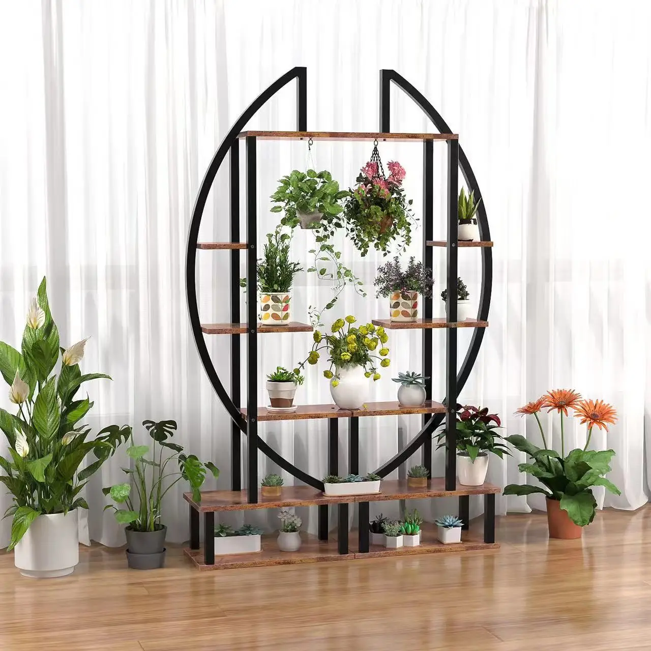 Round flower shelf living room modern floor-standing indoor balcony multi-layer craft storage rack half-moon flower pot rack
