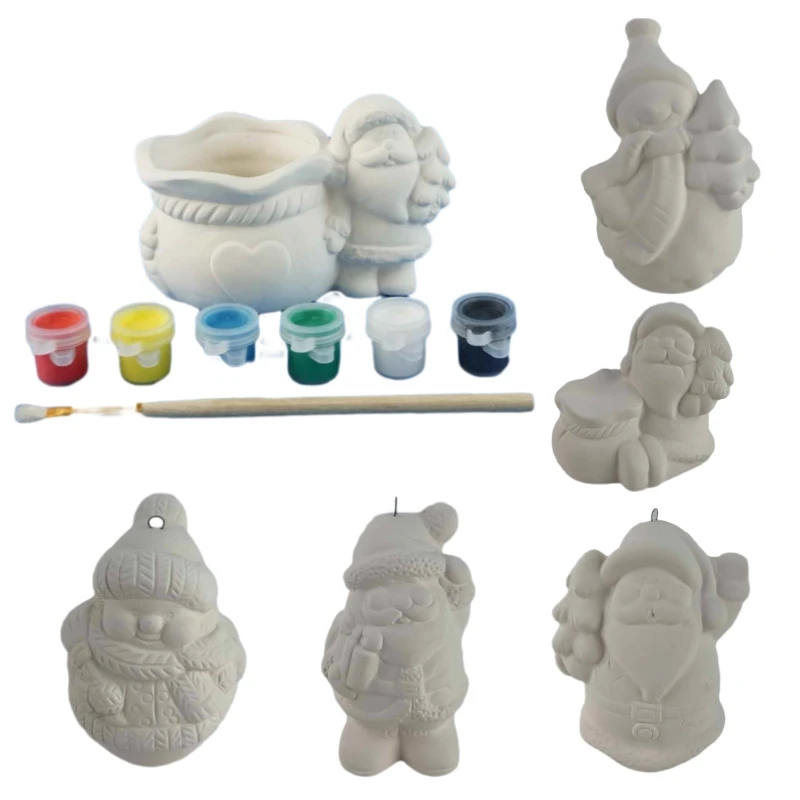 White Ceramic DIY Christmas tree figures Unpainted santa Hanging Ornament Diy Painting Bisque snowman Ornaments For Gift