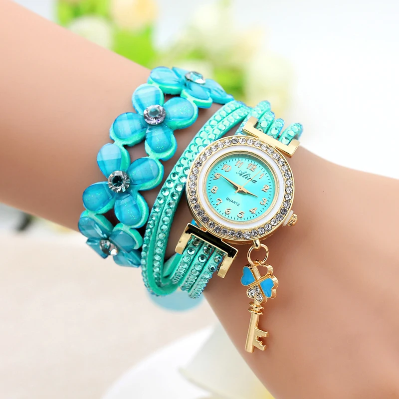 Fancy Flower Crystal Wrap Bracelet Quartz Wristwatch Casual Leather Rhinestone Strap Key Pendant Watch Relogio Feminino For Lady