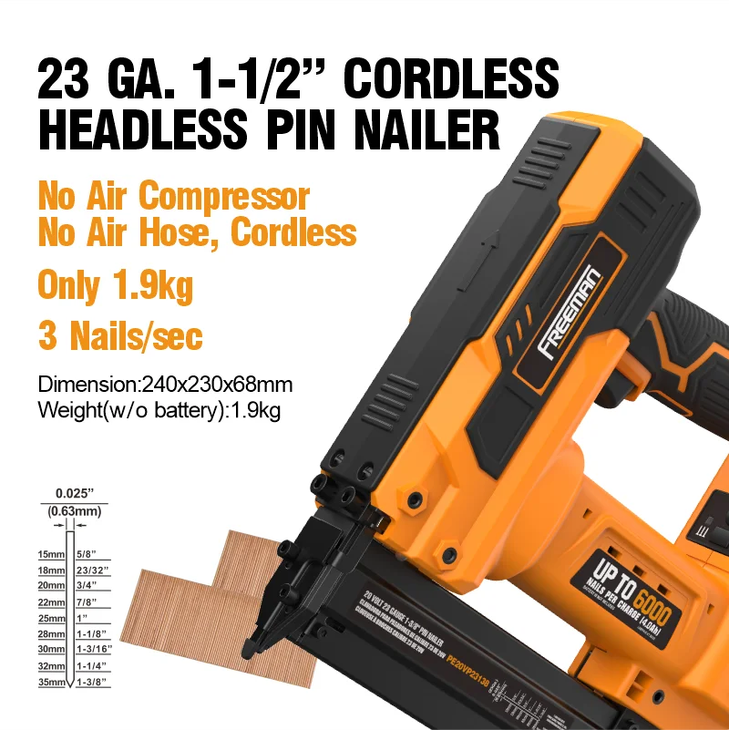 Freeman 23 Gauge 20V Lithium-ion Battery Operated 6000 Nails Per Charge Cordless Headless Nail Gun Micro Pin Nailer