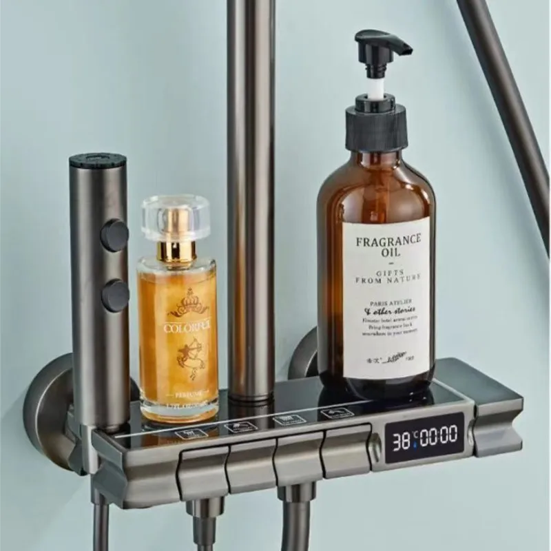 Luxury Mood Light Digital Display Shower Set Four Levels Piano Keys Waterfall Shower System Bathroom Wall Mounted Shower Set