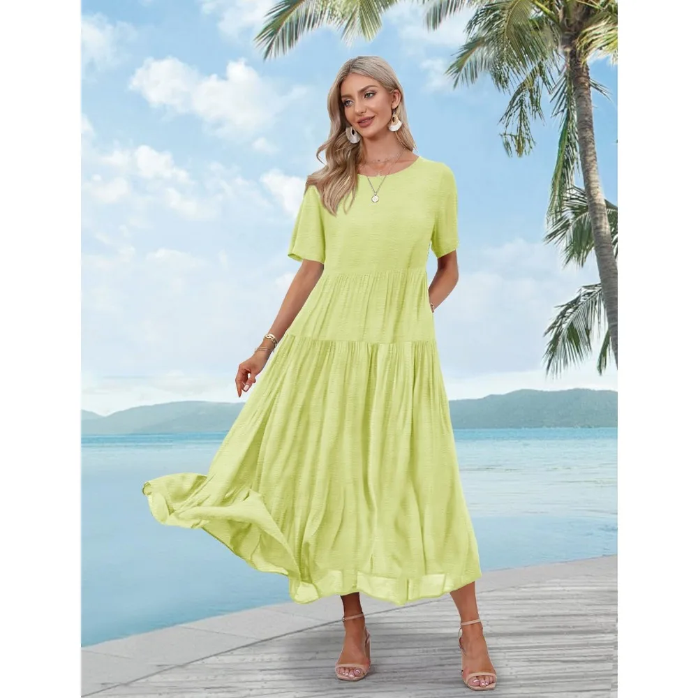 Plus Size Elegant dresses for Women Casual Summer Dress Boho Crew Neck Short Sleeve Babydoll Floral Print Flowy Beach Dresses