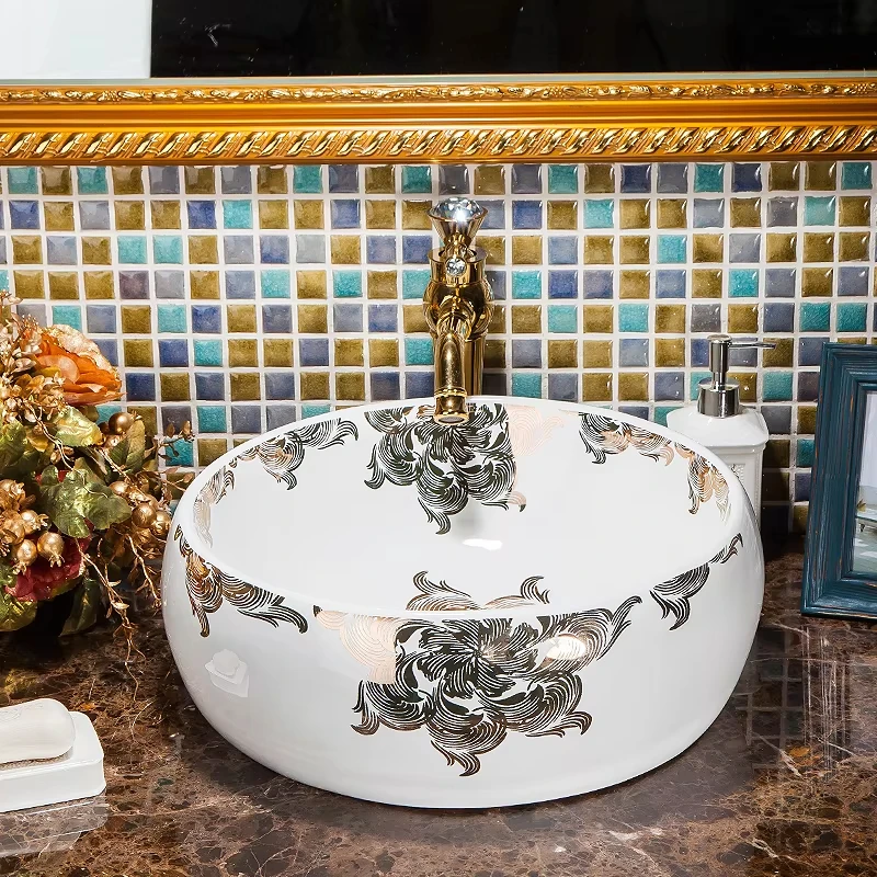 Luxury ceramic silver color wash basin price bathroom golden round sink gold color basin