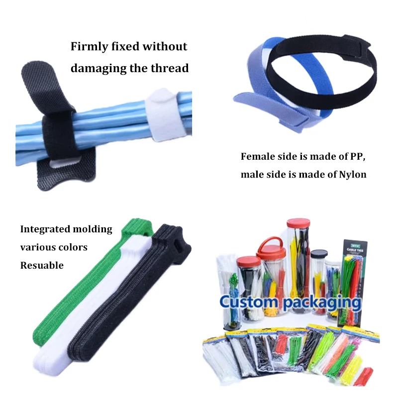 Customizable Size Self-Adhesive Cable Ties Adjustable Hook and Loop Fastening Cord Fastener with Printed Logo for Accessories