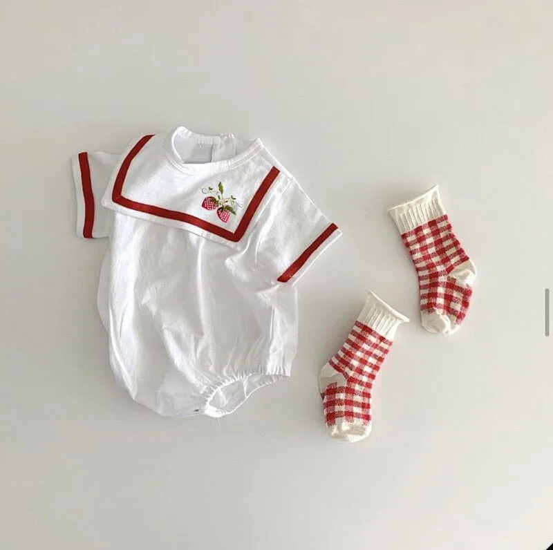 Hot Sale Summer Newborn triangle hip bodysuit sailor collar baby rompers custom for oem odm wholesale with sock