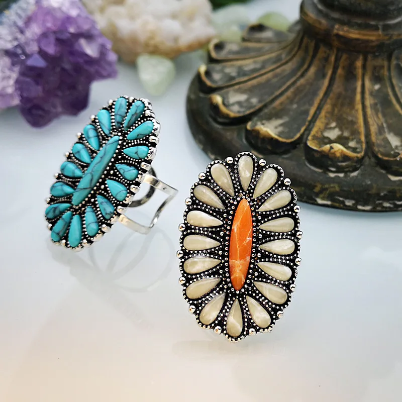 Factory direct sales of European and American retro color white jade turquoise fashion New product 925 silver ring