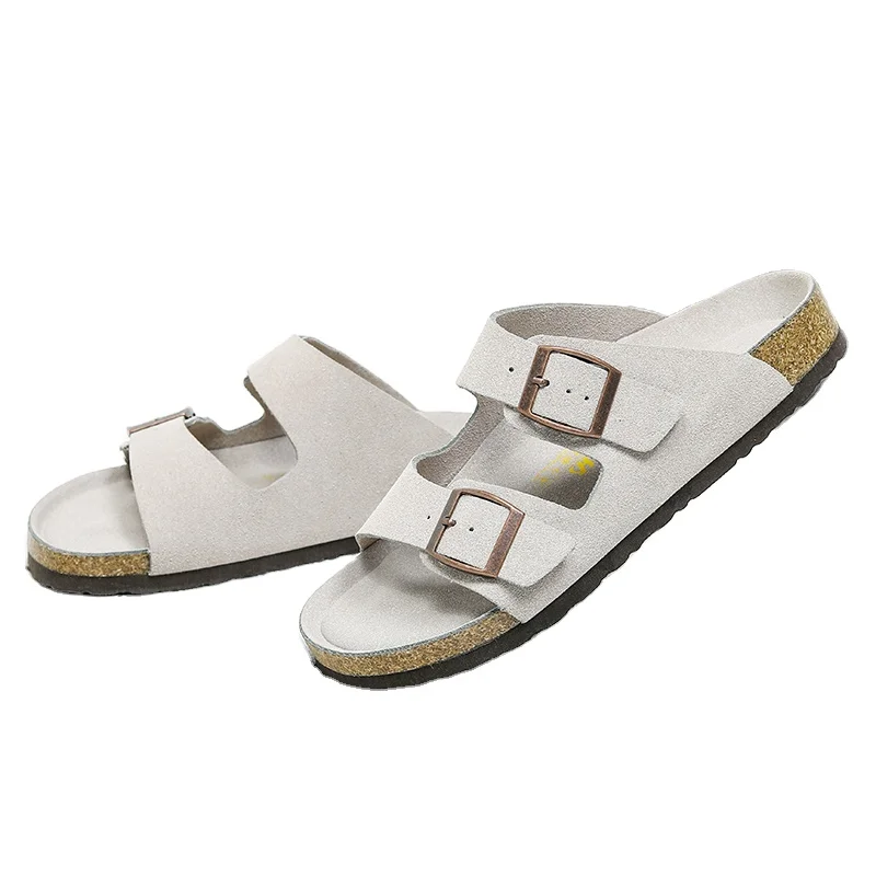 Summer Couple Flat Bottom Frosted Leather Boken Cork Slippers Hole Shoes Slotted Beach Casual Shoes for Men and Women