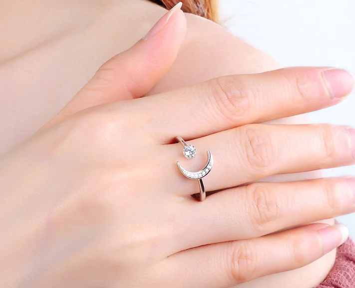Wholesale Sterling Silver 925 Simple temperament Finger Ring  shiny crystal ring Moon and Sun  Adjustable for woman jewelry