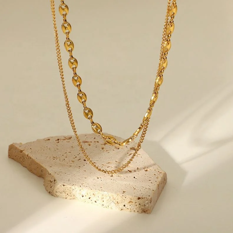 New Simple Double Layer Chain Link Chocker Women Jewelry 18K Gold Plated Stainless Steel Necklace
