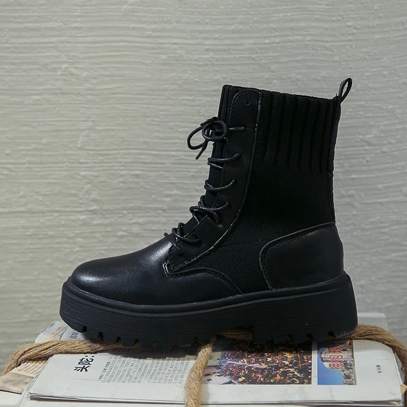 
2019 New Black Socks British Boty Boots Height Increased Women Ankle Winter Chunky Female Boots 