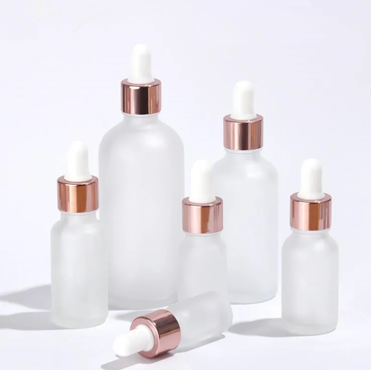In stock, 5ml 10ml 15ml 20ml 30ml 50ml 100ml frosted glass essetnial oil dropper bottle with rose gold dropper