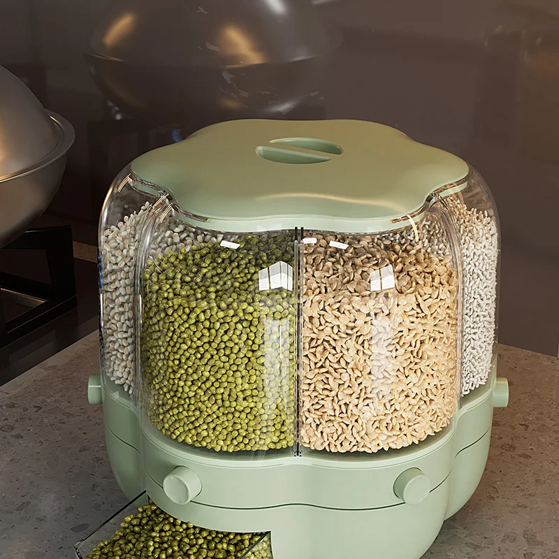 Hot Sale Moisture-proof Cereal Dry Food Rice Storage Container 180° Rotatable Grain Dispensers with 6 Grids Rice Bucket for Home