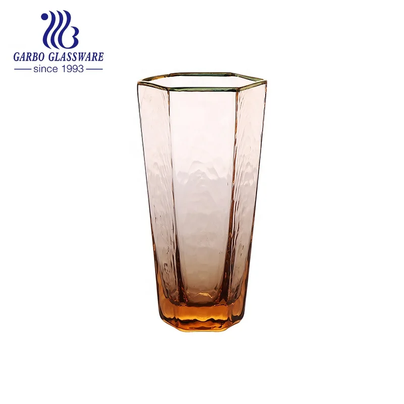 290ml solid orange color hexagonal handmade water glass with gold rim for gifts and souvenirs glass cup