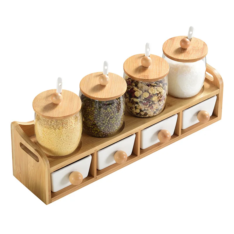 spice jar bamboo lid  glass spice jar with wooden lid round glass spice storage jar set