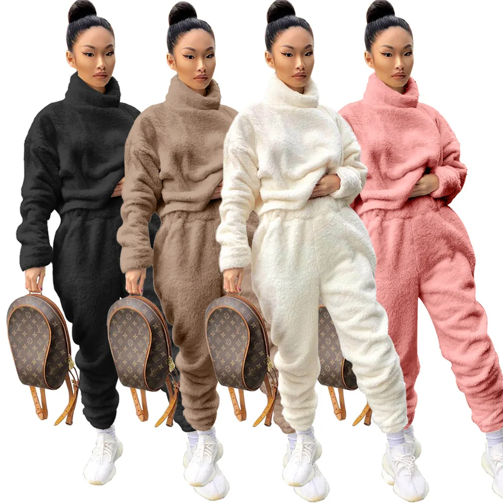 D95539 Winter two piece sets women warm fleece clothing solid color turtleneck jogger