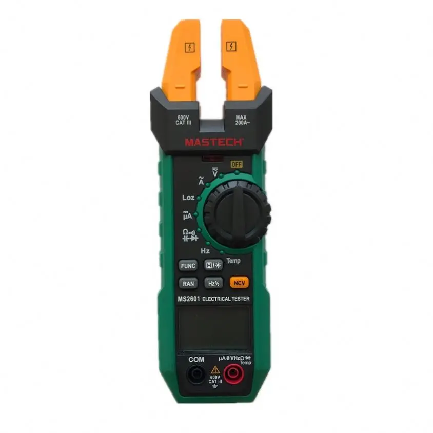 Mastech MS2601 Digital AC/DC Fork Meter 200A 12mm Voltage Current Resistance Diodes Continuity Frequency Duty Cycle Temperature