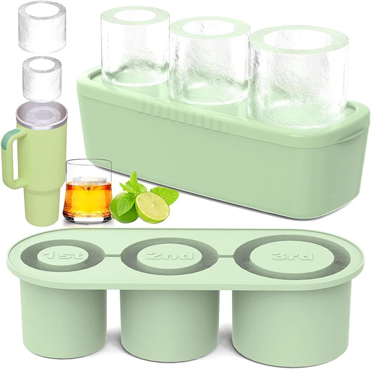 Easy Release Hollow Cylinder Ice Cube Tray for Tumbler Cup Reusable 3 Cavity Silicone Cylinder Ice Mold with Lid for Freezer