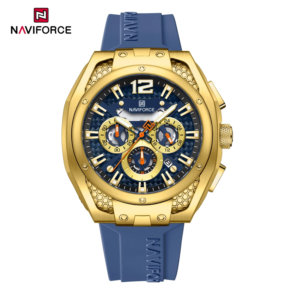 2024 новые модные мужские часы NAVIFORCE оригинальные наручные на заказ со скелетом с вырезами циферблатом золотисто-синий спортивный стиль