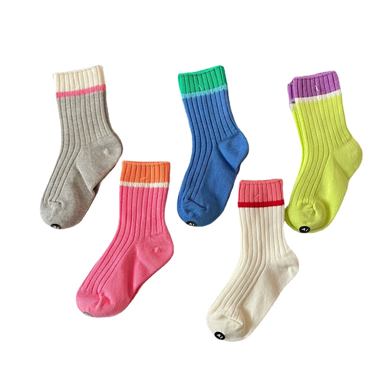 wholesale 5 Pairs Double Needle Solid Color Seamless Cotton Toddler Kids Ribbed Crew Socks