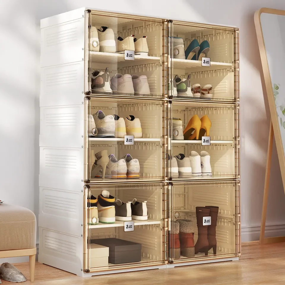 PP plastic foldable installation-free Shoe Storage Cabinet with automatic Magnetic door closing Stackable Shoe Care Box for Men