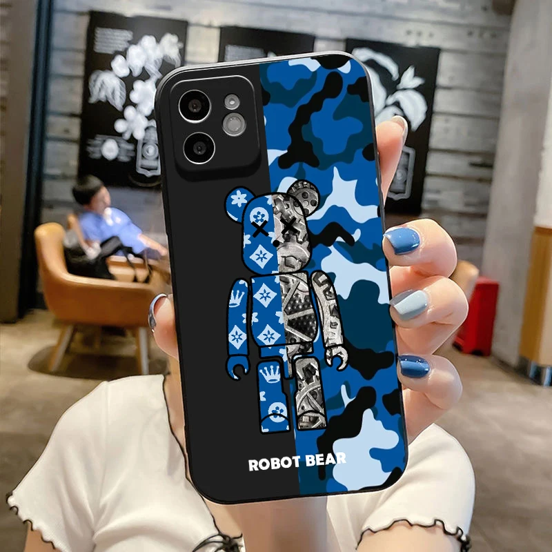 ROBOT Bear Phone Case for iPhone 14 13 Pro 12 11 Pro Xs X XR Max 8 7 SE with Cloth Silicone Cases Soft Back Cover