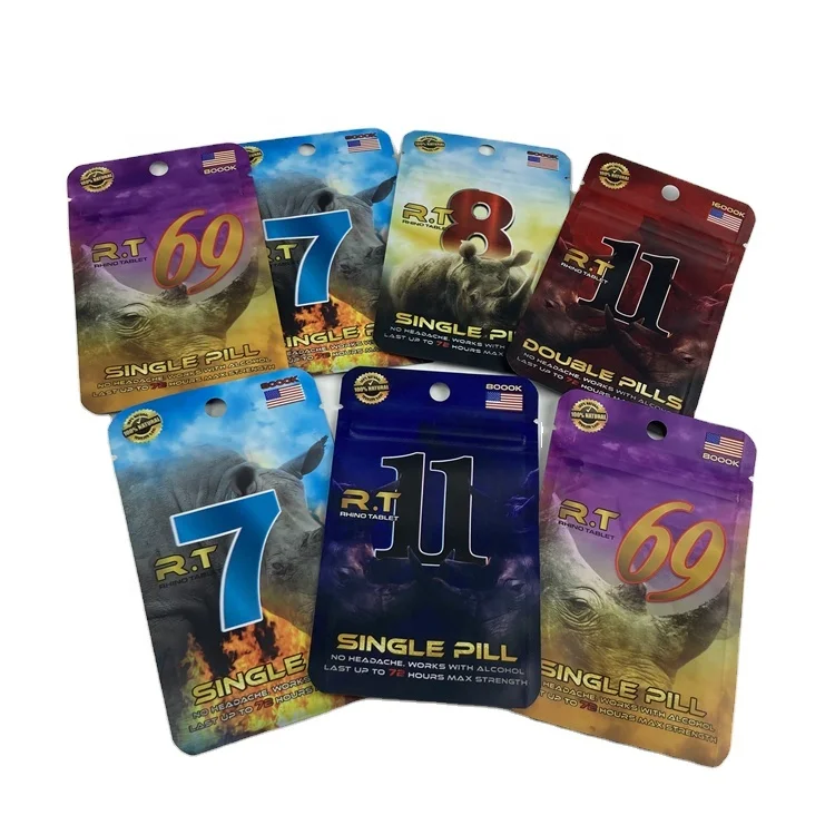 Wholesale Custom Supermarket Retail Rhino Pills Capsules Male Enhancement Matte Foil Pouch Bag And Display Box Counter Top
