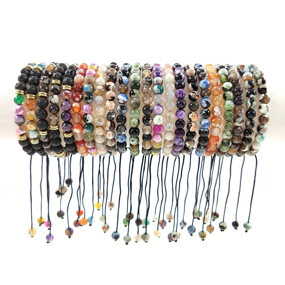 Fashion 6mm Natural Stone Elastic Beaded Bracelet Colored Fire Agate Lava Stone Woven Bracelet For Women Men