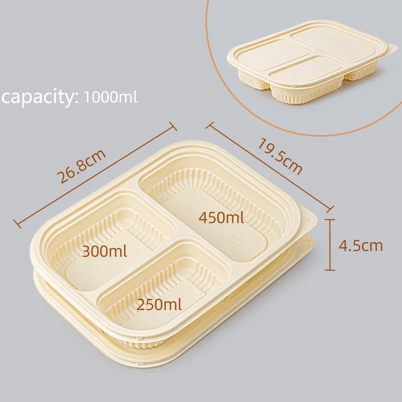 Safe eco friendly degradable packaging boxes corn starch takeaway food containers 3-compartment disposable lunch box