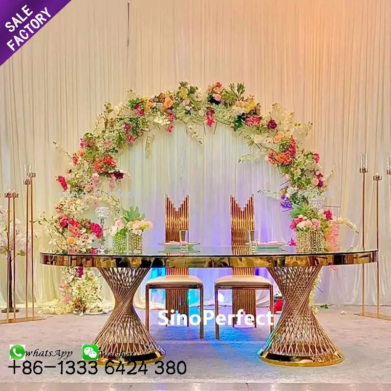 Cheap Price Hotel Stainless Steel Oval Shape Glass Golden Wedding Tables For Groom And Bride