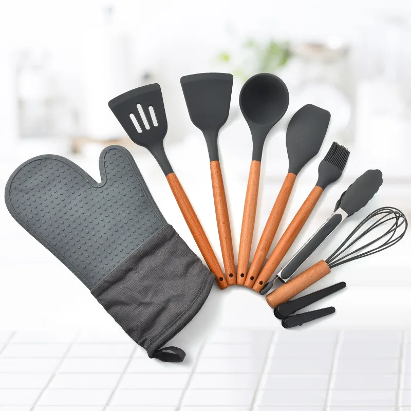 
New Design Silicone Kitchen Accessories Handle Modern Cooking Tools Household Kitchen Utensils Set with Wood Grain Plastic 