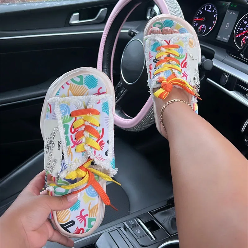 Hot Selling Shoe String Canvas Chains Smiley Clogs Fashion Lace-up Platform Sandals For Women Indoor Outdoor Platform Slipper