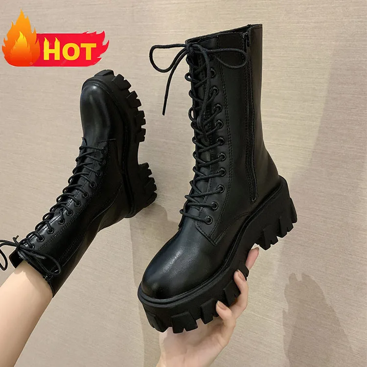 Fashion Lady Luxury Genuine Leather Platform Goth Ladies Martin High Heel Lace Up Ankle Boots Women