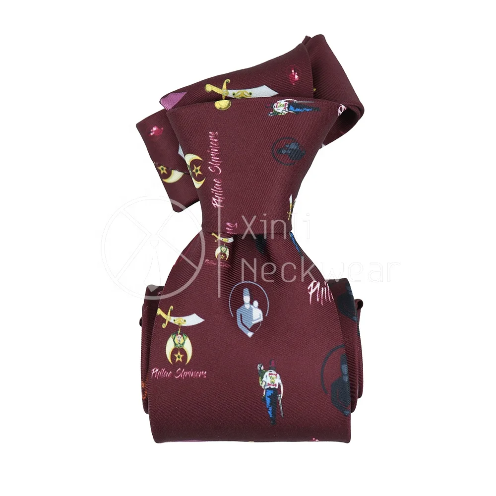 Chinese Wholesale Burgundy Red Mens Neckties Cartoon Masonic Shriner Logo Pattern Polyester Custom Printed Neck Tie