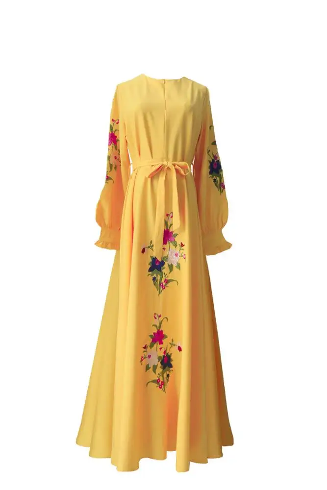 XQM Women Dubai Kaftan Arab Islamic Middle East Ethnic Print Long Sleeve Abaya Muslim Wedding Dress