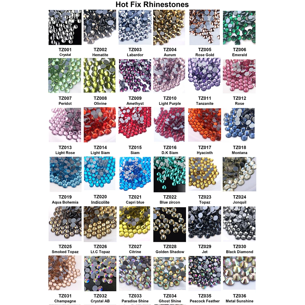 Wholesale cheap price flat back bulk hot fix pack glass rhinestone color chart