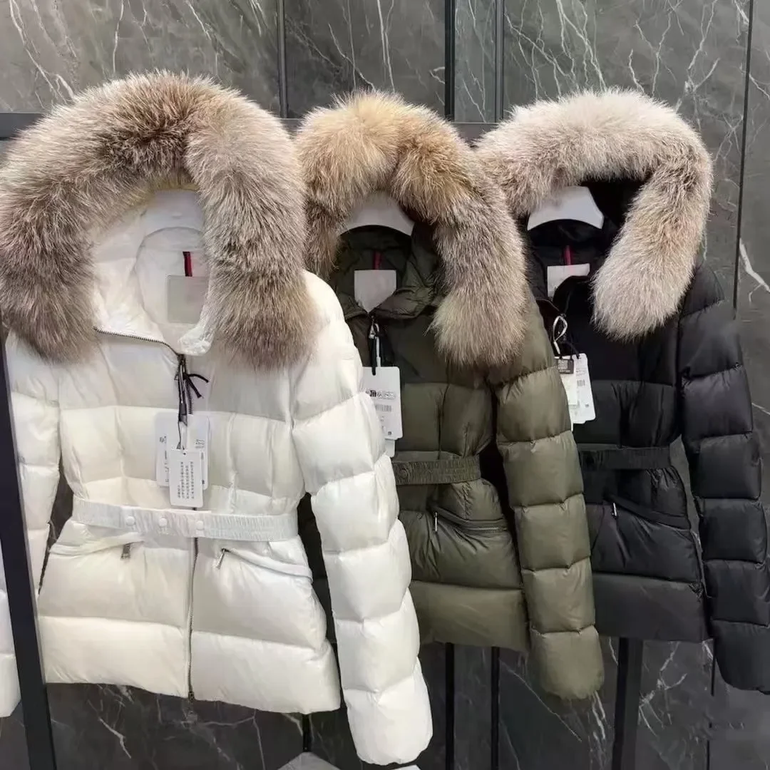 Женские куртки дизайнерские зимние пуховики меховые пальто с воротником из натурального меха енота теплые модные парки поясом женское хлопковое