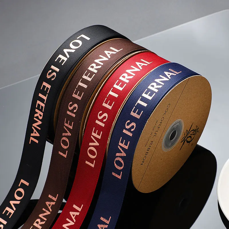 Wholesale custom 2.5cm*45m English bronzing luxury gift cake box packaging satin ribbon elastic printed polyester