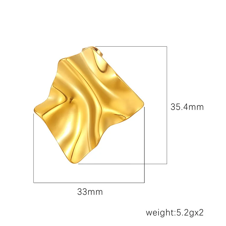 Stainless Steel Square Fold Textured Large Stud Earrings 18K Gold Plated Women Waterproof Jewelry Party