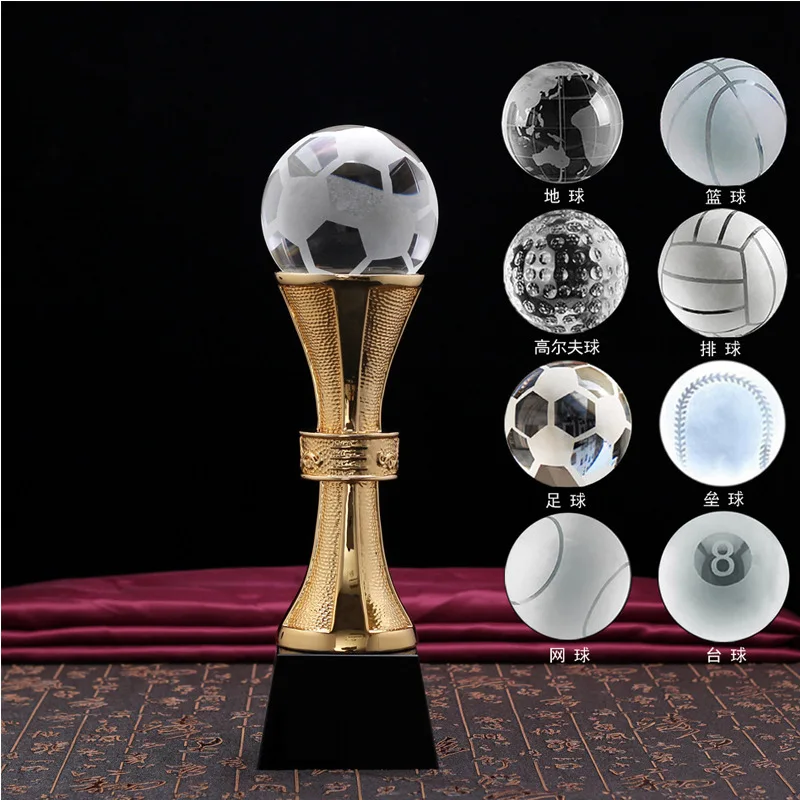 Gold silver bronze Glass Crystal football basketball Tennis Ball Sports Trophy and Award MH-NJ0232