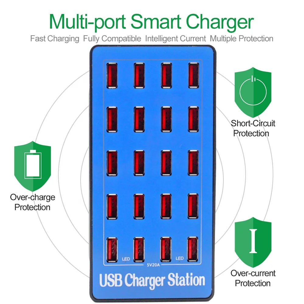 20-Port 20A 100W Multi USB Charger HUB USB Charging Station Dock Universal Mobile Phone Desktop Chargers for iphone